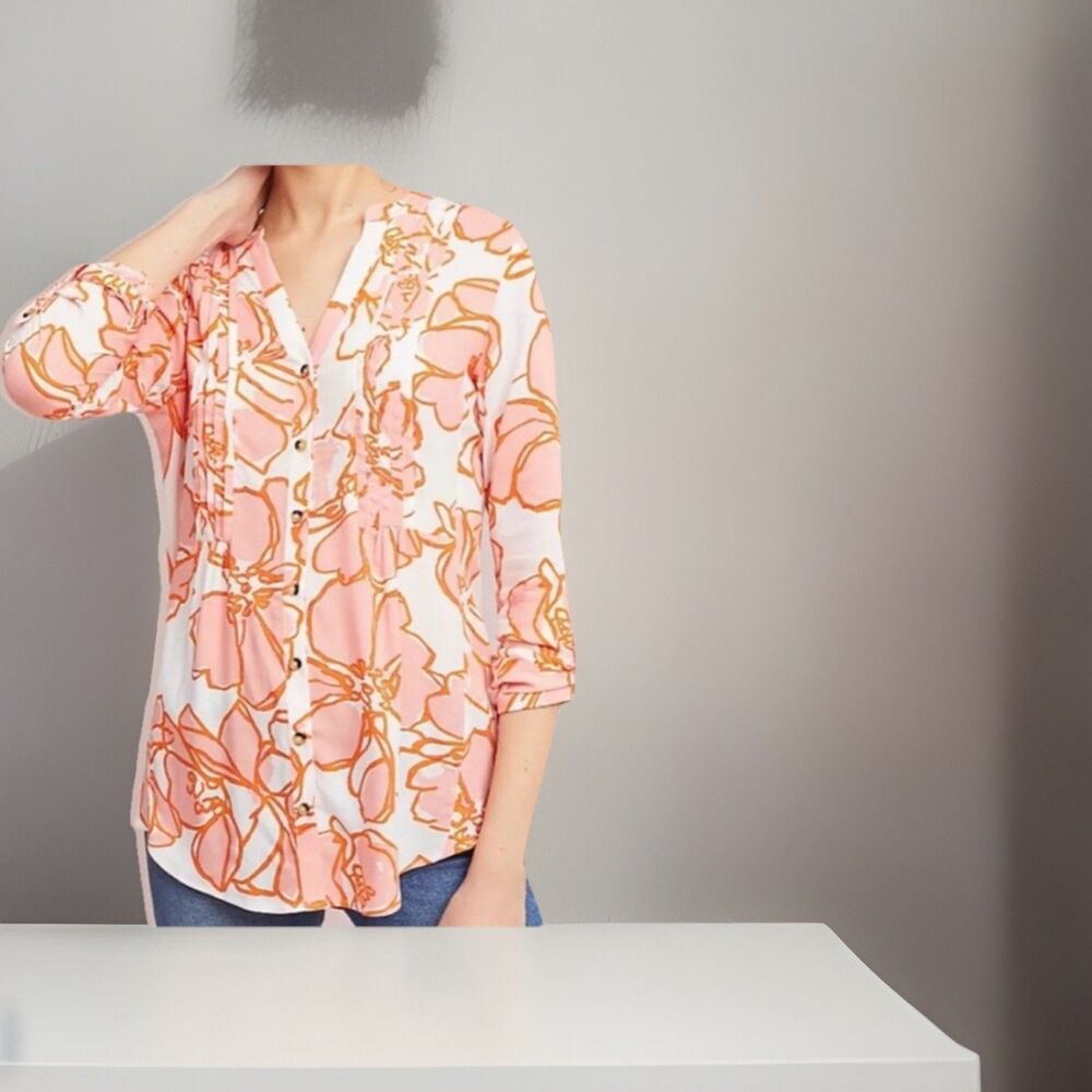 Maeve Pintucked Floral Long Sleeve Button Down Shirt SZ X-LARGE  NWOT